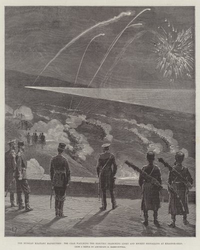 The Russian Military Manoeuvres, the Czar watching the Electric Searching Light and Rocket signalling at Krasnoe-Selo by English School