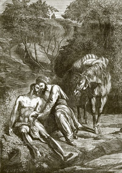 The Samaritan and the wounded man at the wayside by English School