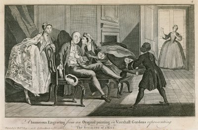 The Stealing of a Kiss: A humorous engraving from an original painting in Vauxhall Gardens, London by English School