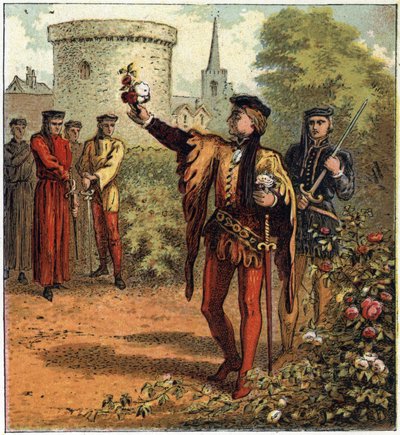 The War of the Two Roses (1455-1485): The Beginning of the Conflict. One Lord of the Royal House of York Picks a White Rose and Another from the Royal House of Lancaster Picks a Red Rose. Illustration of the English Civil War Born by the Division of the Su by English School