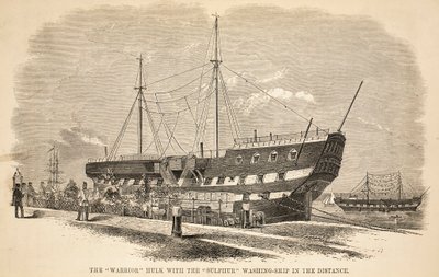 The Warrior hulk with the Sulphur washing-ship in the distance, illustration from The Criminal Prisons of London and Scenes from Prison Life by Henry Mayhew and John Binny, pub. 1862 by English School