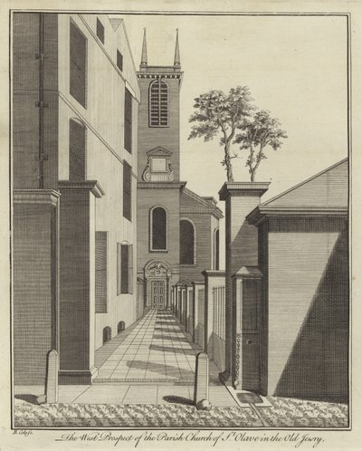 The West Prospect of the Parish Church of St Olave in the Old Jewry, London by English School