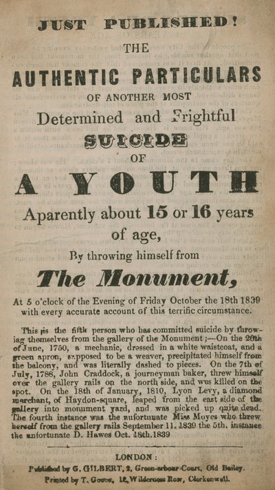 The Authentic Particulars of Another Most Determined and Frightful Suicide by English School