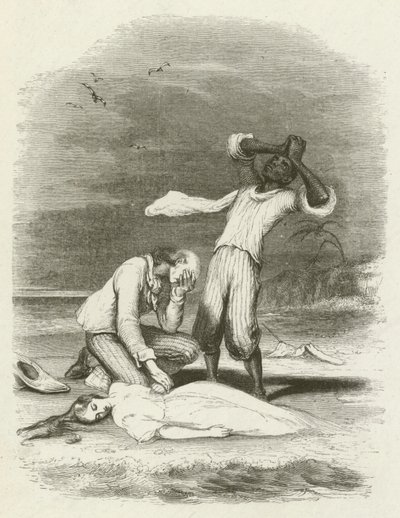 The body of Virginia found in the sand by English School