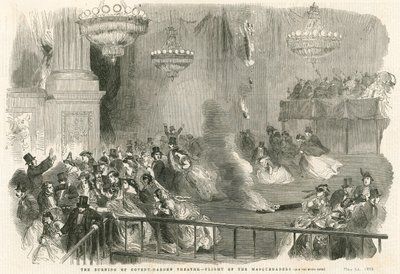 The burning of Covent Garden Theatre, London - flight of the Masqueraders by English School