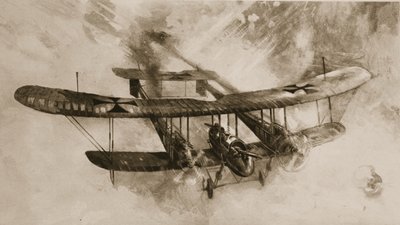 The coming of the big fighting aeroplane: the double-sized German biplane which British airmen have engaged, from The Illustrated War News by English School