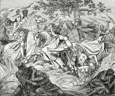 The death of Manfred at the Battle of Benevento, 26 February 1266, 1882 by English School