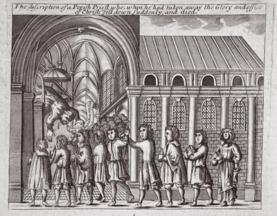 The description of a Popish priest who, when he had taken away the Glory and office of Christ, fell down suddenly and died, illustration from Acts and Monuments by John Foxe, ninth edition, published 1684 by English School