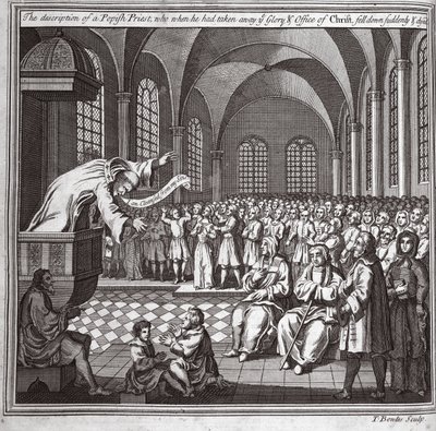 The description of a Popish priest, who when he had taken away the Glory and office of Christ, fell down suddenly and died, illustration from Foxe
