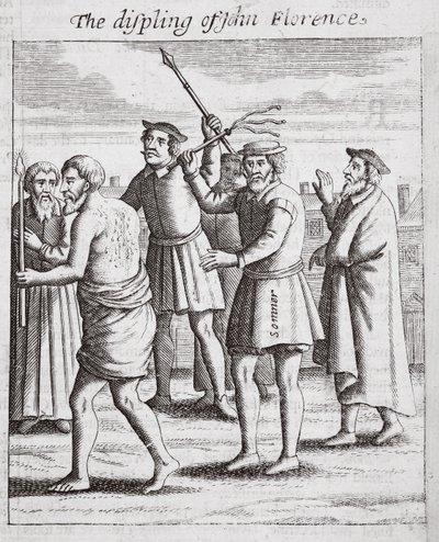 The displing of John Florence, illustration from Acts and Monuments by John Foxe, ninth edition, pub. 1684 by English School