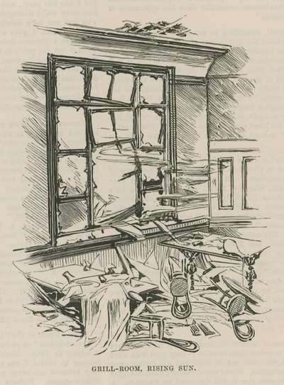 The Dynamite Outrage in Westminster; Grill Room of the Rising Sun by English School