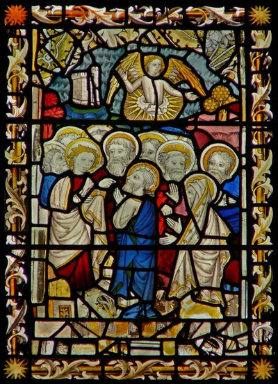 The east window depicting Apostles gathering for the Funeral of the Virgin Mary by English School