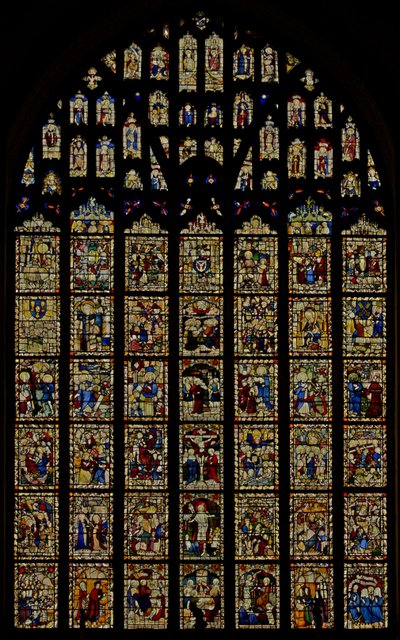 The east window depicting Norwich School glass (C15) Reset panels by English School