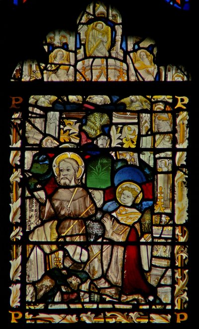 The east window depicting St Francis receives the stigmata; angel musicians in the canopy by English School