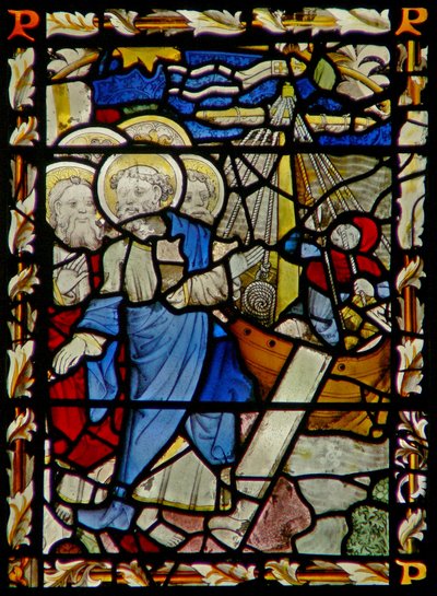 The east window depicting St Peter embarks on a boat with other Apostles by English School