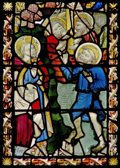 The east window depicting St Peter walks on the water with Christ by English School