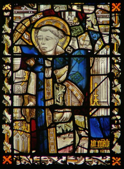 The east window depicting a fragmentary St Stephen by English School