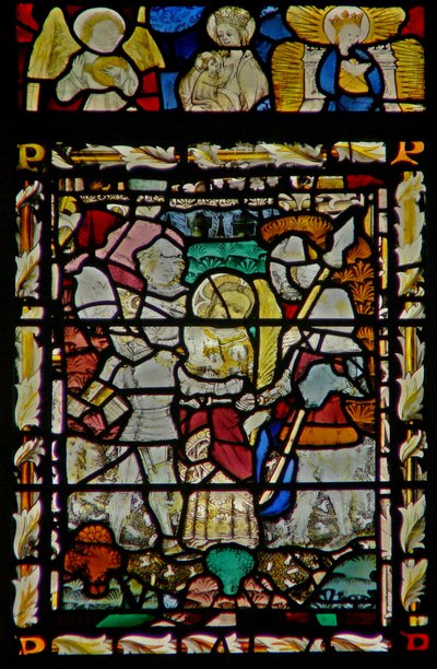 The east window depicting the arrest of St John, angel musician, Virgin & Child, and another Virgin in the canopy by English School