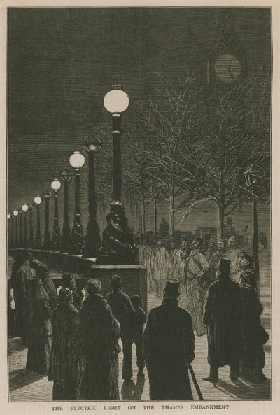 The Electric Light on the Thames Embankment by English School