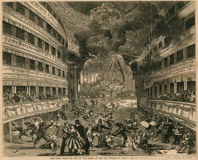 The first alarm of fire at the close of the Bal Masque at Covent Garden Theatre, London by English School