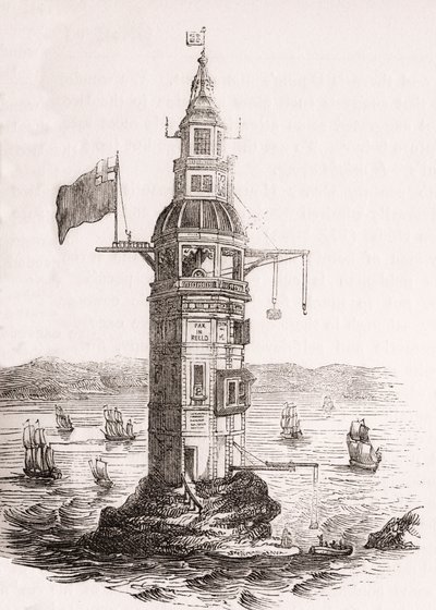 The first lighthouse erected on Eddystone Rocks, Plymouth, Devon, England by English School