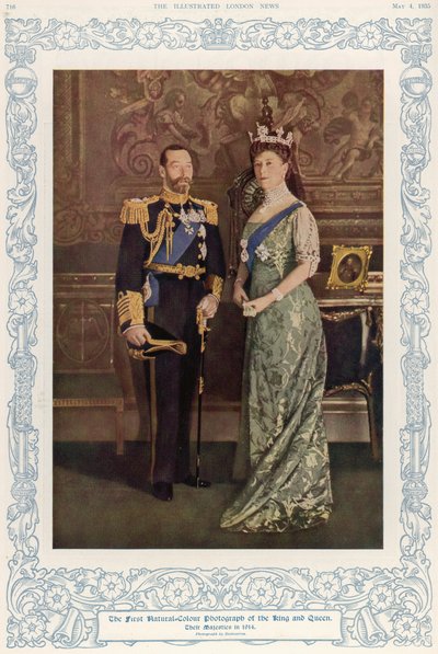 The first natural colour photograph of King George V (1865-1936) and Queen Mary (1867-1953) in 1914, reproduced in The Illustrated London News, 4th May 1935 by English School
