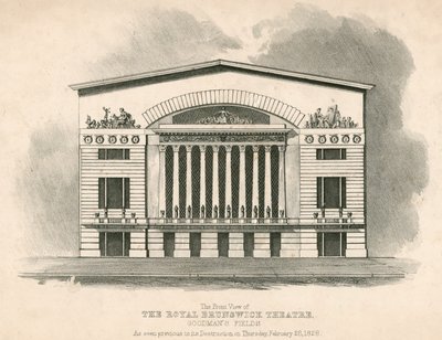 The front view of The Royal Brunswick Theatre, Goodmans Fields, London by English School