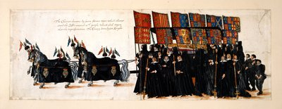 The funeral procession of Queen Elizabeth I to Westminster Abbey, 28 April 1603. The chariot is drawn by four horses. The coffin is covered in purple velvet on which lies an effigy of the Queen. The canopy is born by six knights, with Gentlemen Pensioners by English School