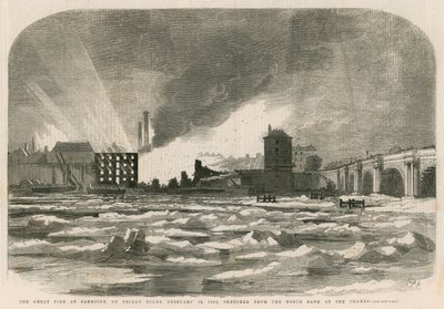 The Great Fire at Bankside on Friday Night, 14 February 1855, Sketched from the North Bank of the Thames by English School