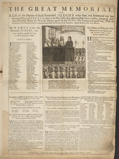 The Great Memorial, or, A List of the Names of Those Pretended Judges Who Sentenced King Charles I, January 27 by English School