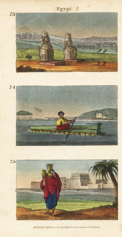 The Great Ruins of the Colossi of Memnon in Luxor in South Egypt, Raft of Earthenware Pitchers on the Nile, and Women Carrying Water Pitchers on Their Heads by English School