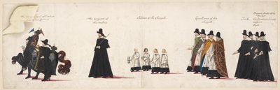 The horse trapped with velvet, led by two equerries; the Sargeant of the Vestrie; Children of the Chapel Royal. Part of the funeral procession of Queen Elizabeth I to Westminster Abbey, 28 April 1603 by English School