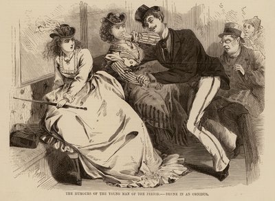 The Humours of the Young Man of the Period, Drunk in an Omnibus (engraving) by English School