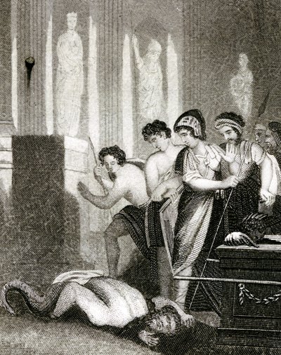 The idol Dagan falls to the ground when the Holy Ark of the Covenant is brought into his temple by English School
