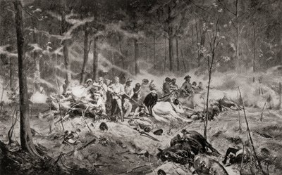 The last stand of Major Allan Wilson on the Shangani River, Matabeleland, during the First Matabele War in 1893, after the painting by Allan Stewart, from 