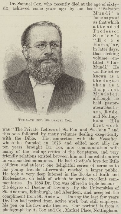 The Late Reverend Dr. Samuel Cox by English School