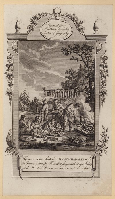 The manner in which the Kamtschadales melt the Grease and dry the Fish that they catch in the Spring at the Head of Rivers, on their return to the Sea by English School