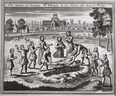 The manner of burying William Wiseman in the fields, who died in prison, illustration from Foxe