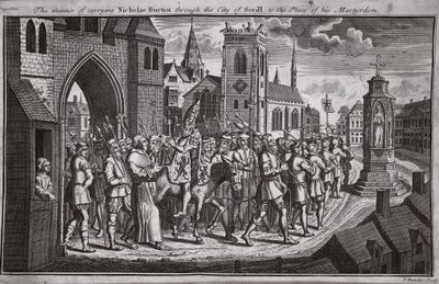The manner of carrying Nicholas Burton through the city of Seville to the place of his martyrdom, illustration from Foxe