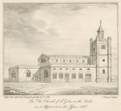 The old church of St Giles in the Fields, London, as it appeared in the year 1718 by English School