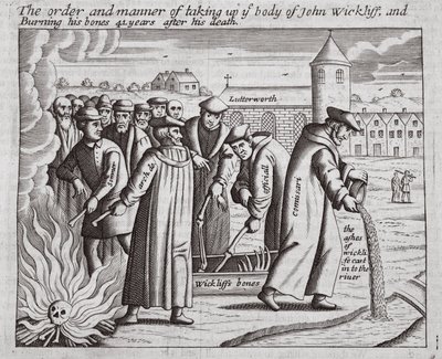 The order and manner of taking up the body of John Wickliff, and burning his bones 44 years after his death, illustration from Acts and Monuments by John Foxe, ninth edition, pub. 1684 by English School