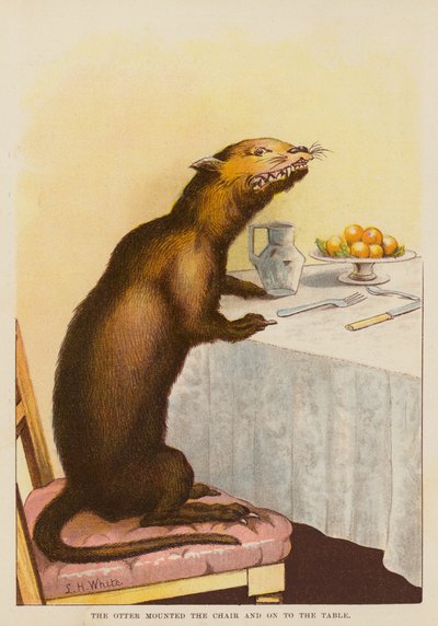 The otter mounted the chair and on to the table by English School