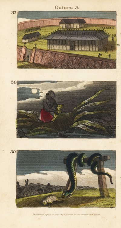 The palace of the King of Dahomey at Abomey, an African man hiding a fetish, and people of Whydah worshipping a huge snake by English School