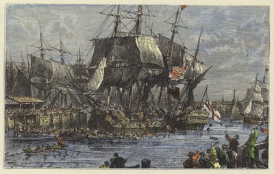 The people of Boston throwing the tea overboard by English School