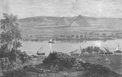 The pyramids of Gizeh, from the east bank of the Nile by English School