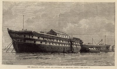 The Smallpox Hulks, Atlas and Endymion, at Deptford Creek by English School