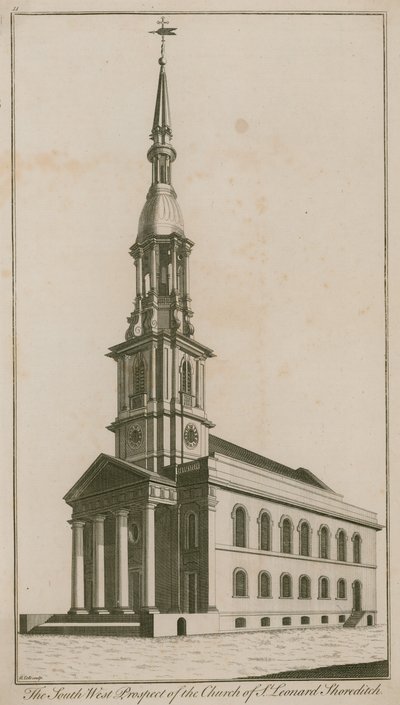 The south west prospect of the Church of St Leonard, Shoreditch by English School