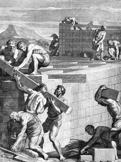 The walls of towns among the Gauls are built of alternative courses of Stones and Beams, engraved by Cornelis Huyberts, illustration to Caesars Commentaries translated into English by William Duncan by English School