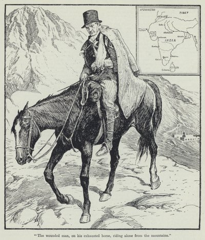 The wounded man, on his exhausted horse, riding alone from the mountains by English School