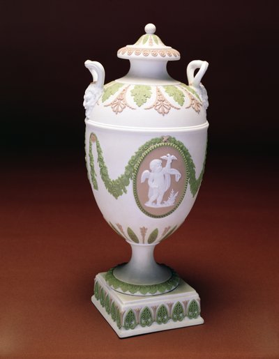Three colour Jasper urn-shaped vase, model of the putti figure by John Flaxman. Wedgwood c.1780 by English School